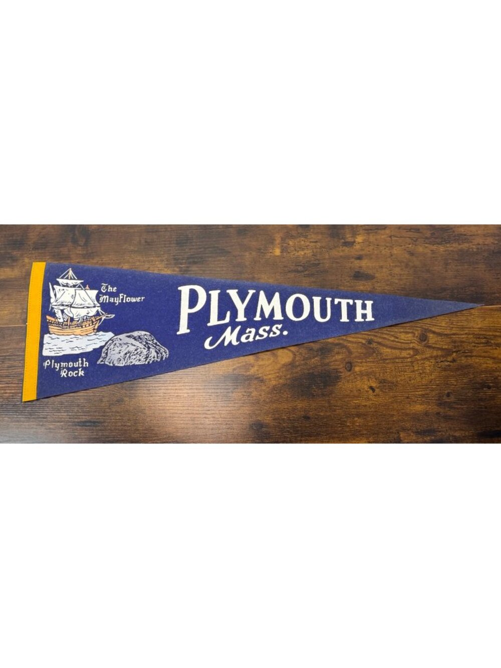 Vintage Plymouth Mass. Pennant With Mayflower & Plymouth Rock Design